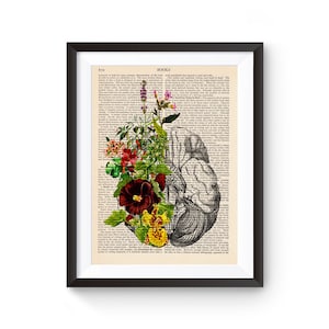 Impression de cerveau avec des fleurs, floraison, impression d'anatomie, affiche médicale illustration vintage, décoration murale, impression de livre 089