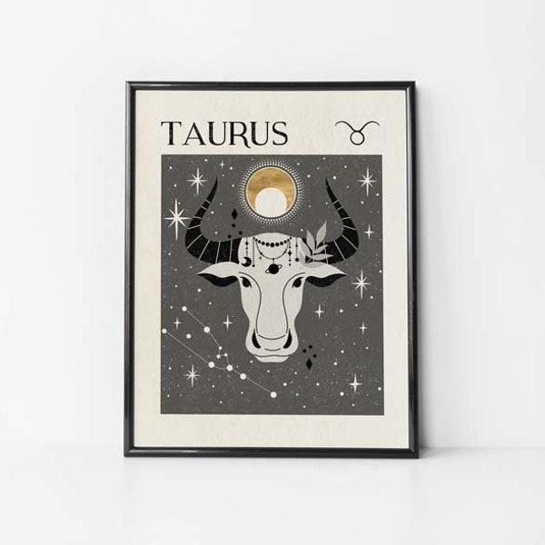 Zodiac Taurus Print, Birthday Gift, Mystical Art, Neutral Decor, Astrology Print, Star Sign, Boho Decor, Celestial Print, Gift for friend