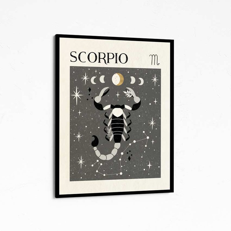 May include: A black and white illustration of a scorpion with a constellation of stars and a crescent moon on a gray background. The text "SCORPIO" and the astrological symbol for Scorpio are at the top of the image.