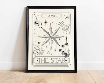 May include: A black and white illustration of a tarot card, The Star, with a large star in the centre and other celestial symbols surrounding it. The card number, XVII, is printed in the top centre of the card.