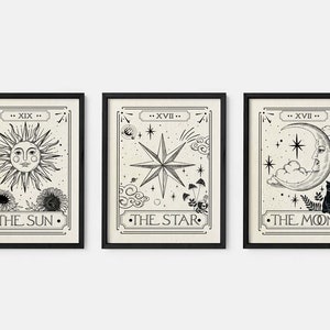 Set of 3 The Sun The Moon The star Tarot Card Print, Celestial Wall Prints, Mystical, Neutral Decor, Astrology Posters, Tarot Card Art