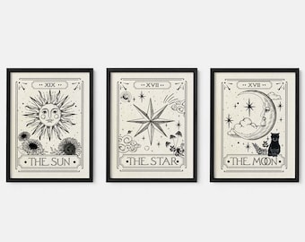 Set of 3 The Sun The Moon The star Tarot Card Print, Celestial Wall Prints, Mystical, Neutral Decor, Astrology Posters, Tarot Card Art