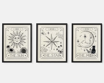 Conjunto de 3 El Sol La Luna La estrella Impresión de cartas del Tarot, Impresiones de paredes celestiales, Decoración mística y neutra, Carteles de astrología, Arte de cartas del tarot