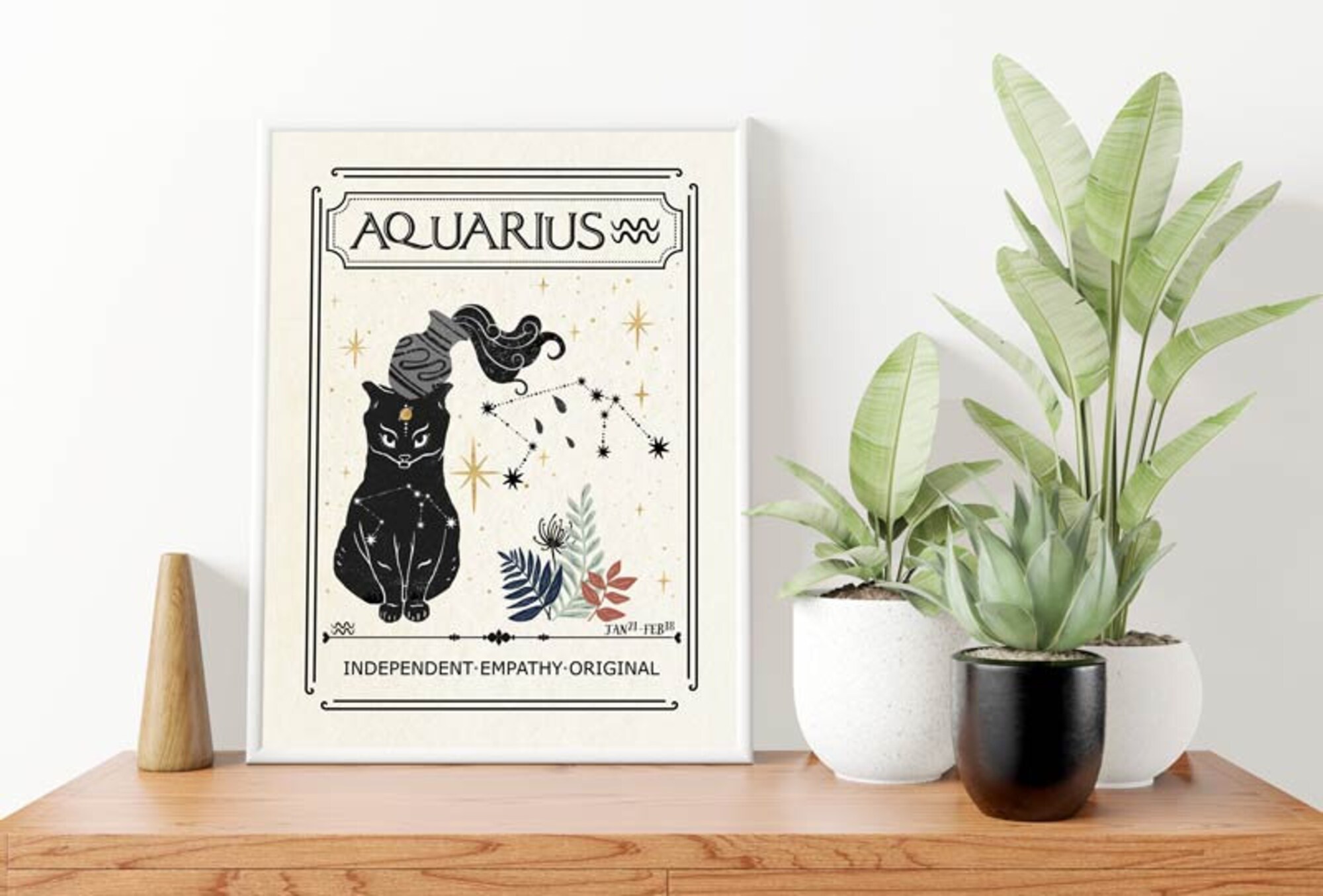 Astrology Art, Zodiac Aquarius Cat Print, Star Sign, Celestial Mystical Art