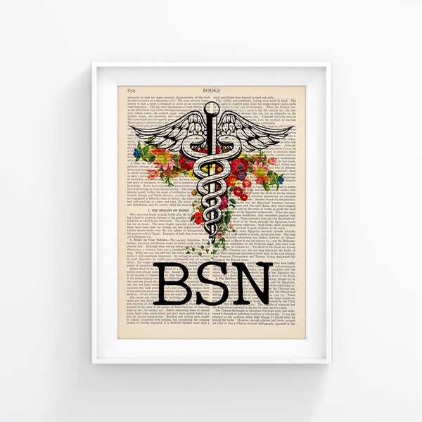 Nurse BSN Illustration, Caduceus Medical Symbol Vintage Book Print Nurse Graduation Gift, Nursing School, Nursing Pinning Ceremony 160