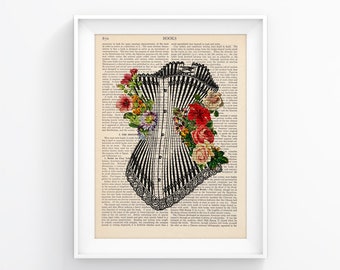 Corset, Sewing vintage Illustration with flowers Decorative Art Upcycled Page, Retro Print, Book print 212
