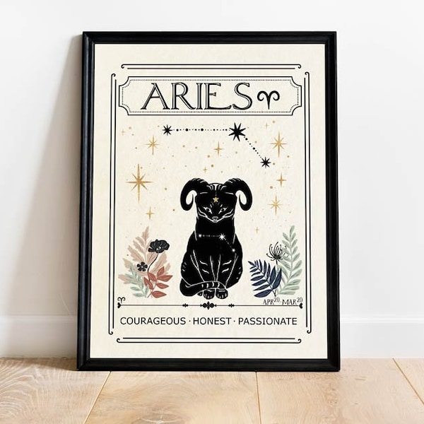 Zodiac Aries Print, Gift for friend, Birthday, Astrology, Star Sign, Boho Decor, Celestial Print, Mystical Art, Neutral Decor, Tarot Card