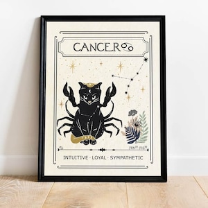 Impression chat du zodiaque cancer, impression céleste, cadeau pour elle, anniversaire, art mystique, carte de tarot, art astrologique, signe astrologique, déco bohème