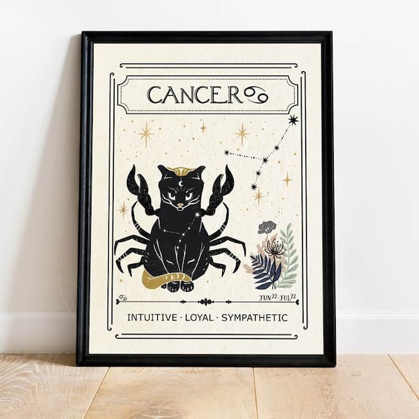 Zodiac Cancer Cat Print, Celestial Print, Gift for her, Birthday, Mystical Art, Tarot Card, Astrology Art, Star Sign, Boho Decor