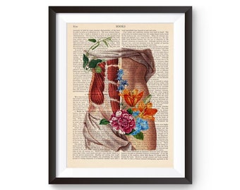 Abdominal Muscles Print, Female Body print, Anatomy Art print, Front Torso Muscles, Anatomical Decor, Flower Anatomy Print