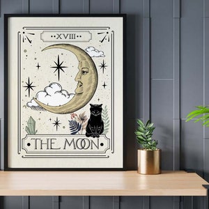 De maan, hemelmuurafdrukken, tarotkaartafdruk, mystieke kunstafdruk, neutraal decor, astrologieposters, tarotkaart, hemelse print