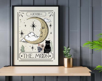 The Moon, Celestial Wall Prints, Tarot Card Print, Mystical Art, Neutral Decor, Astrology Posters