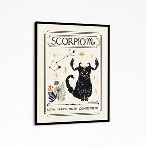 May include: A vintage-style poster with a black scorpion illustration and constellation, surrounded by gold stars. The text "SCORPIO" is in a decorative font, with the dates "OCT 23 - NOV 23" and the words "LOYAL - PASSIONATE - COMMITMENT" below the scorpion.