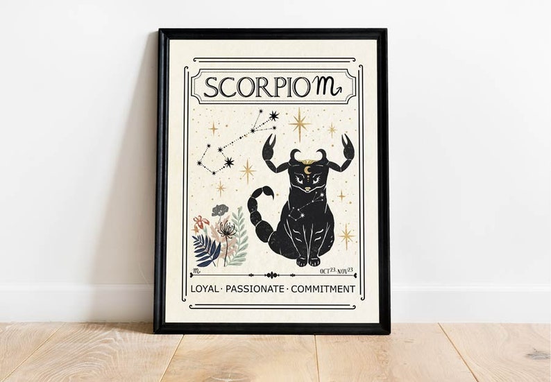 May include: A black and white illustration of the Scorpio zodiac sign with the constellation in the background. The text "Scorpio m" is at the top of the image. The text "Oct 23 - Nov 21" and "LOYAL - PASSIONATE - COMMITMENT" are at the bottom of the image.