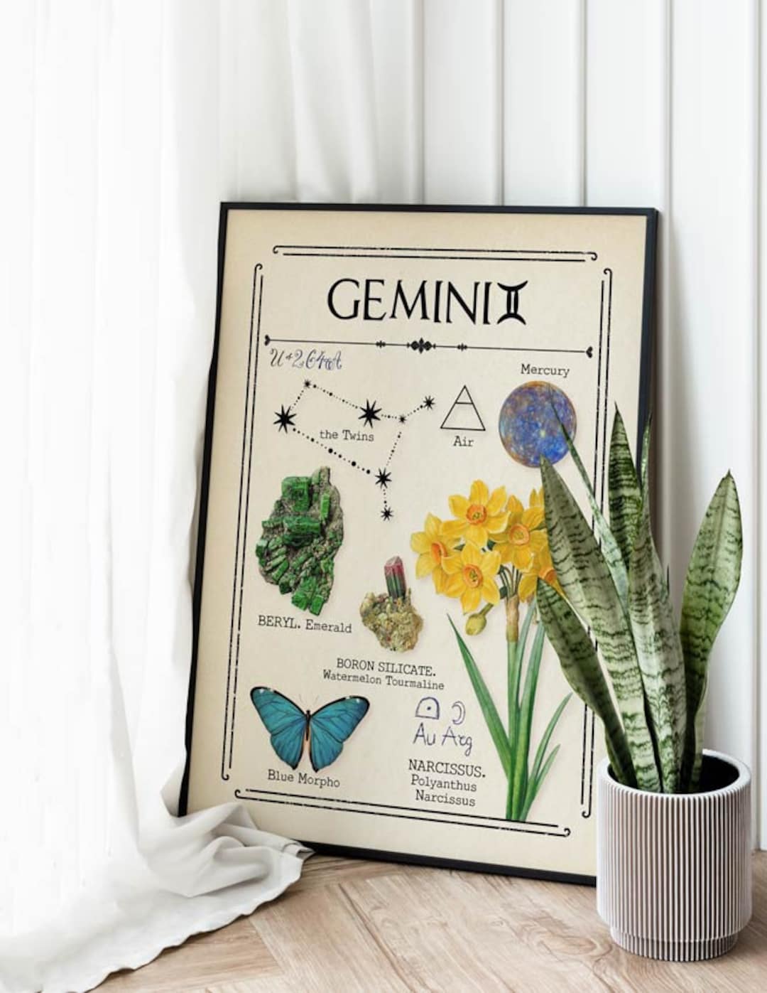 Gemini Zodiac Botanical Print, Celestial Star Sign Wall Decor,astrology ...