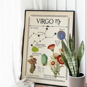 Impresión del zodíaco Virgo, arte místico, decoración neutra, carta del tarot, astrología, signo del zodiaco, decoración bohemia, impresión celestial, regalo para un amigo, cumpleaños