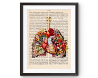 Heart Print, Lung Illustration, Office decor, Doctor Gift, Medical School, Human anatomy art, Vintage Illustration, Graduation Gift