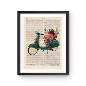 Vespa Print with Vintage Flowers, Vespa Artwork, Italian Scooter Print, Retro Vespa Print, Vintage Scooter Art