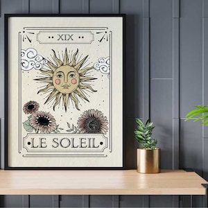 Le Soleil Tarotkaart muurafdruk voor spirituele begeleiding en inspiratie The Sun muurkunst voor Celestial Home Decor