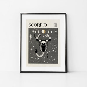 May include: A black and white illustration of a scorpion with a gold crescent moon and stars on a dark gray background. The text "SCORPIO" and the astrological symbol for Scorpio are at the top of the image.