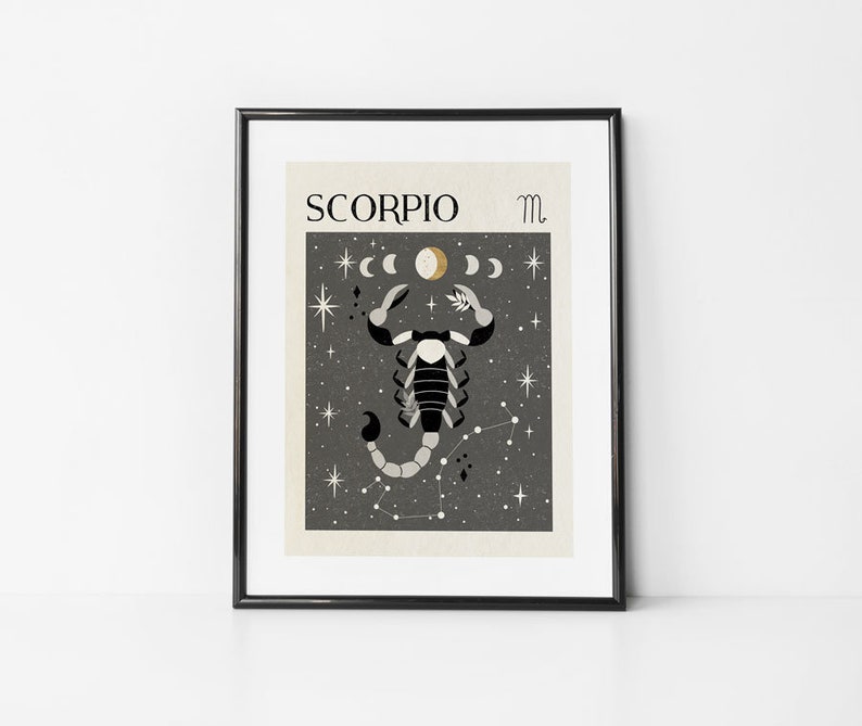 May include: A black and white illustration of a scorpion with a gold crescent moon and stars on a dark gray background. The text "SCORPIO" and the astrological symbol for Scorpio are at the top of the image.