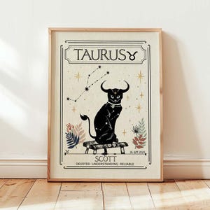Impression personnalisée du zodiaque taureau avec chat noir - cadeau d'anniversaire personnalisé pour ami - décoration neutre - signe astrologique, impression céleste