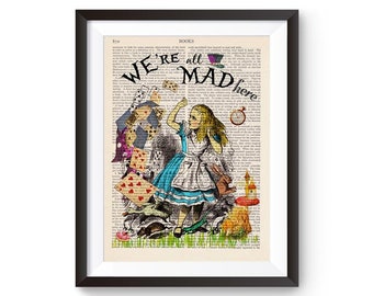 Alice In Wonderland Illustration, We're all Mad Here quote print, Alice Cheshire Cat, Nursery Art print, Alice In Wonderland Print