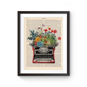 Typewriter floral Print, Vintage Illustration, Wall decor Decorative Art Book Page, Book lover gift, Vintage Book print