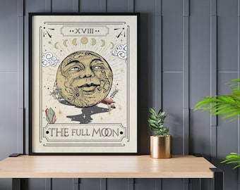 Könnte beinhalten: Ein Vintage-Poster mit schwarzem Rahmen, das einen Vollmond mit einem Gesicht zeigt. Der Mond ist von Wolken, Sternen und Kristallen umgeben. Der Text "...XVIII..." und "THE FULL MOON" ist auf dem Poster gedruckt.