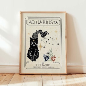 Art astrologique personnalisé, impression chat zodiaque verseau, signe astrologique, art mystique céleste, cadeau personnalisé pour ami, anniversaire