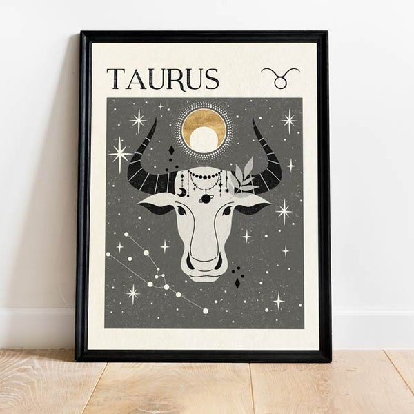 Zodiac Taurus Print, Birthday Gift, Mystical Art, Neutral Decor, Astrology Print, Star Sign, Boho Decor, Celestial Print, Gift for friend