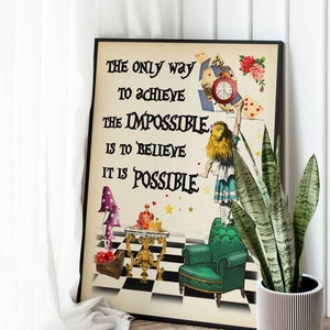 Alice In Wonderland Illustration, Impossible quote print, Alice In Wonderland Print, Alice Cheshire Cat, Nursery Art print