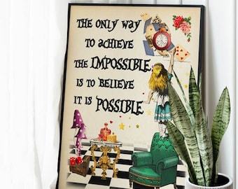 Alice In Wonderland Illustration, Impossible quote print, Alice In Wonderland Print, Alice Cheshire Cat, Nursery Art print