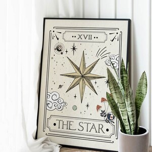 May include: A black framed print of a tarot card with a gold star and the text "...XVII... THE STAR..." on a cream background. The print is leaning against a white wall and a potted plant is in the foreground.
