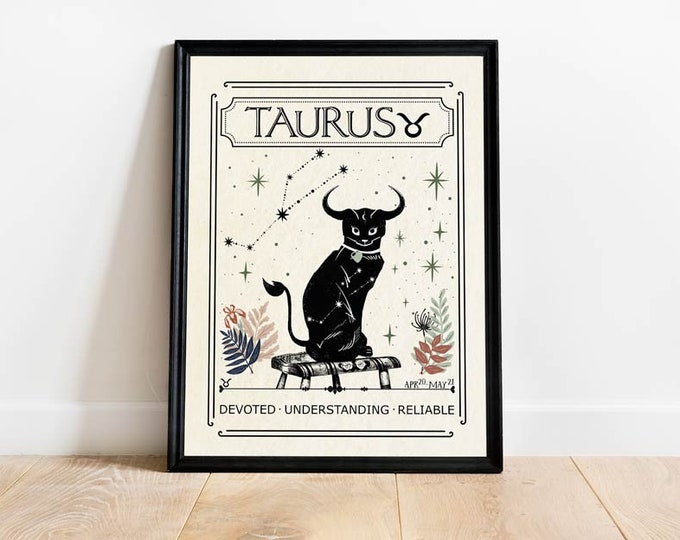 Taurus Zodiac Print with Black Cat - Perfect Birthday Gift for Friend - Boho Neutral Decor - Astrology Star Sign, Celestial Print,Tarot Card