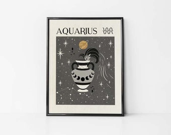 Astrology Art, Zodiac Aquarius Cat Print, Gift for friend, Birthday, Tarot Card, Boho Neutral Decor, Star Sign, Celestial Mystical Art