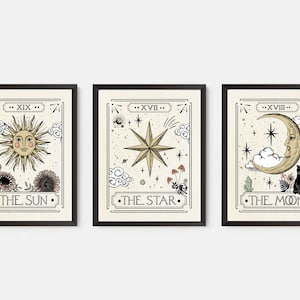 Set of 3 The Sun The Moon The star Tarot Card Print, Celestial Wall Prints, The Sun Astrology Posters, Mystical Tarot Card Art