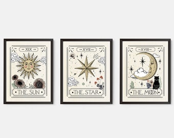 Conjunto de 3 El Sol La Luna La estrella Impresión de cartas del Tarot, Impresiones de paredes celestiales, Carteles de astrología del sol, Arte de cartas de tarot místico