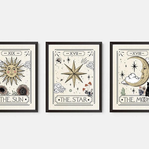 Set of 3 The Sun The Moon The star Tarot Card Print, Celestial Wall Prints, The Sun Astrology Posters, Mystical Tarot Card Art