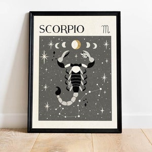 May include: A black framed print with a gray background featuring a black and white scorpion illustration with a constellation of stars and the text "SCORPIO" and the astrological symbol for Scorpio.