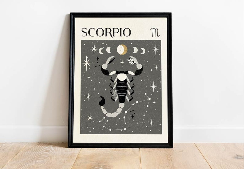 May include: A black framed print with a gray background featuring a black and white scorpion illustration with a constellation of stars and the text "SCORPIO" and the astrological symbol for Scorpio.