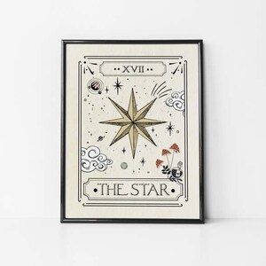 May include: A vintage-style tarot card illustration of The Star card. The card features a large, eight-pointed star with a yellow centre and a white outline. The star is surrounded by smaller stars, clouds, and mushrooms. The card is labelled "XVII... THE STAR."