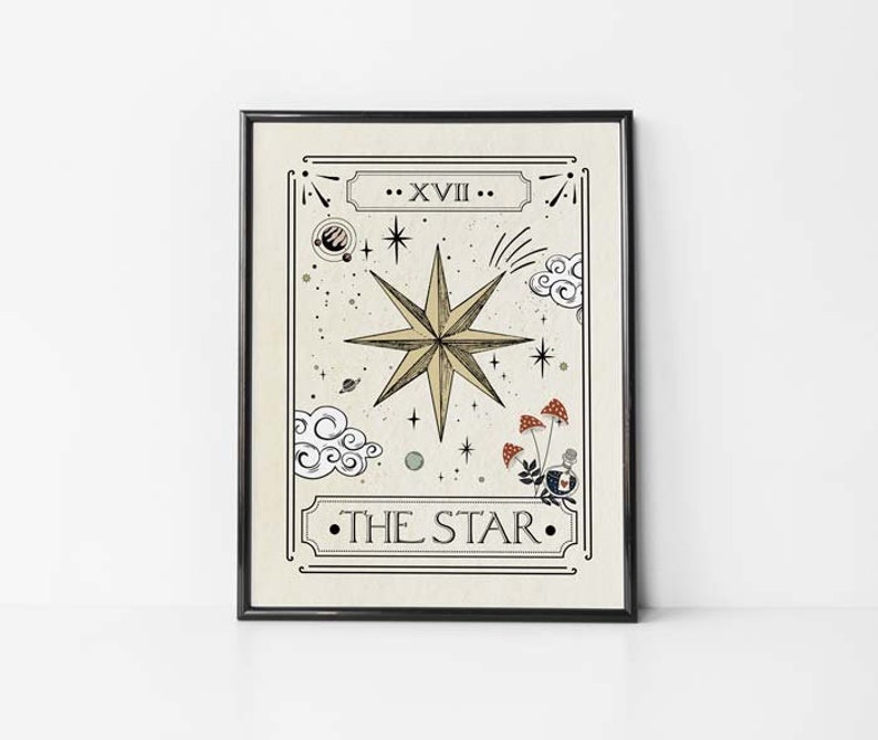 May include: A vintage-style tarot card illustration of The Star card. The card features a large, eight-pointed star with a yellow centre and a white outline. The star is surrounded by smaller stars, clouds, and mushrooms. The card is labelled "XVII... THE STAR."