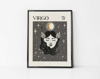 Sternzeichen Jungfrau Print, Mystische Kunst, Neutrales Dekor, Tarot Karte, Astrologie, Sternzeichen, Boho Dekor, Himmlischer Druck, Geschenk für Freund, Geburtstag