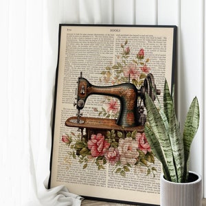 May include: Vintage sewing machine with floral accents on a page of a book. The book page has text about the origins of books. The sewing machine is black and silver with a wooden base. The flowers are pink and white.