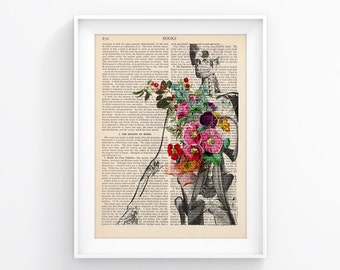 Anatomía humana / Flores Torso Página reciclada, Impresión de ilustración vintage, Decoración de pared, Arte decorativo, Cartel retro Impresión de libro vintage 087