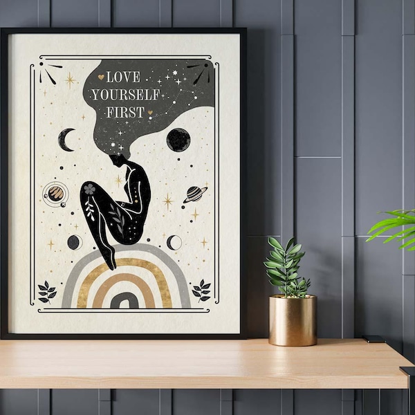 Aimez-vous d'abord, pleine conscience zen, impression d'art mural, décoration neutre, citation sur la positivité, salle de yoga, art spirituel, salon, prendre soin de soi