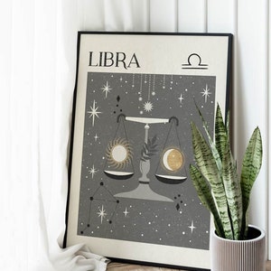 Stampa zodiacale Bilancia, regalo per amico, regalo di compleanno, arte mistica, decorazione neutra, carta dei tarocchi, stampa astrologica, segno zodiacale, stampa celeste