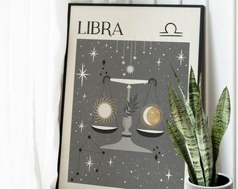 Zodiac Libra Print, Gift for friend, Birthday Gift, Mystical Art, Neutral Decor, Tarot Card, Astrology Print, Star Sign, Celestial Print