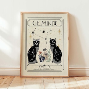 Gepersonaliseerde dierenriem Tweelingen print, cadeau voor vriend, verjaardag, sterrenbeeld, boho decor, hemelse print, mystieke kunst, neutraal decor, astrologie